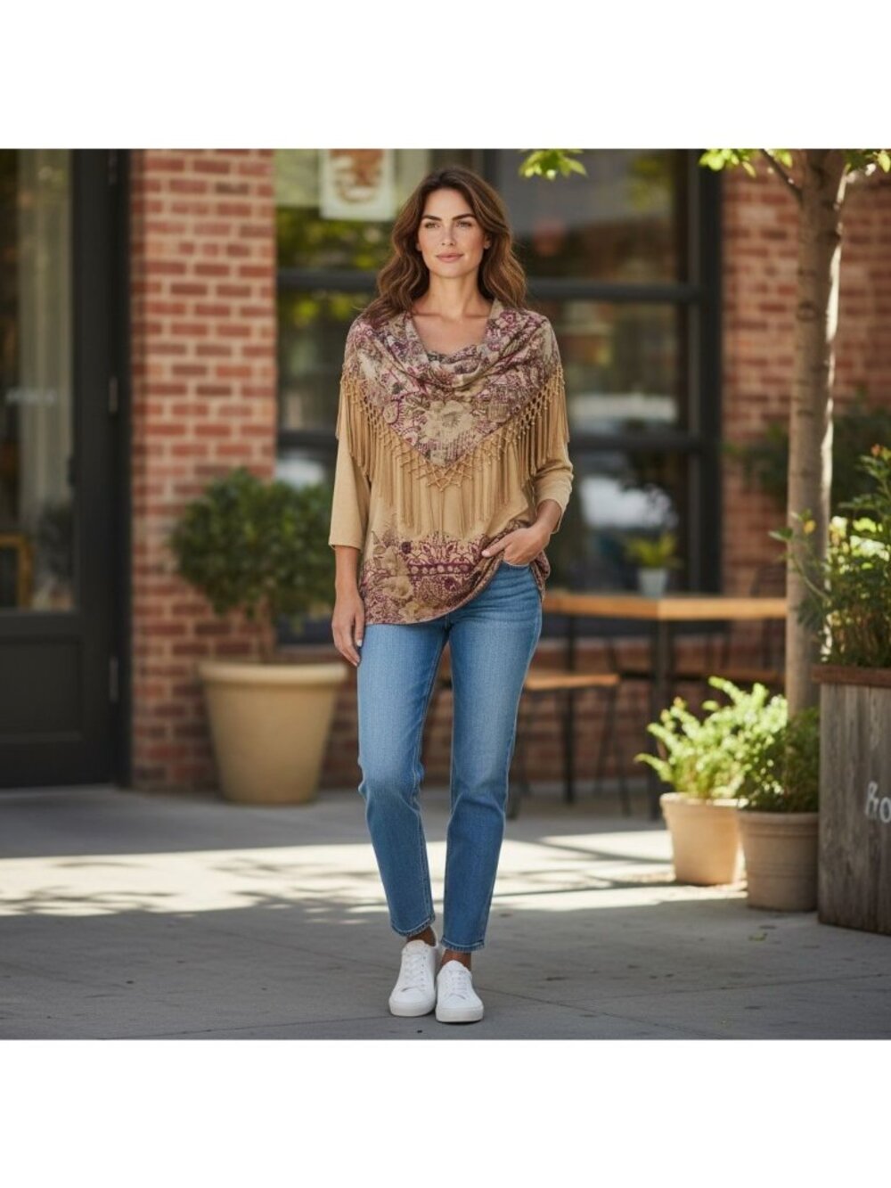 Paisley Tunic Top With Fringe Scarf 1X Beige One World Boho Peasant Gypsy Style